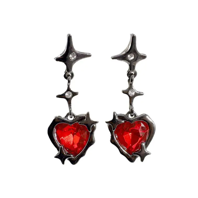Silver Heart & Star Earrings with Red Stone Accents - Image 6