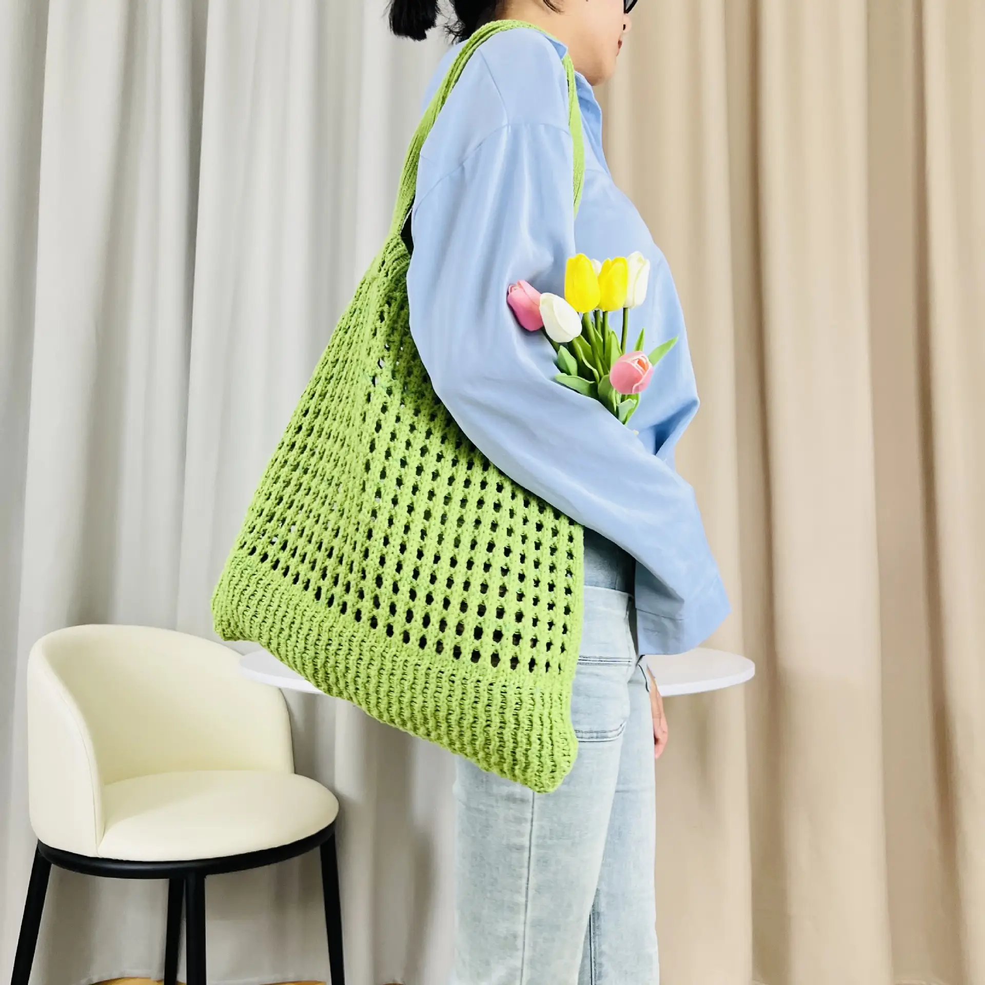 2023 New Cross-border Bag Japanese and Korean Tote Bag Solid Color Bag Knitted Bag Hollow Bag Shoulder Bag Woven Bag - Image 9