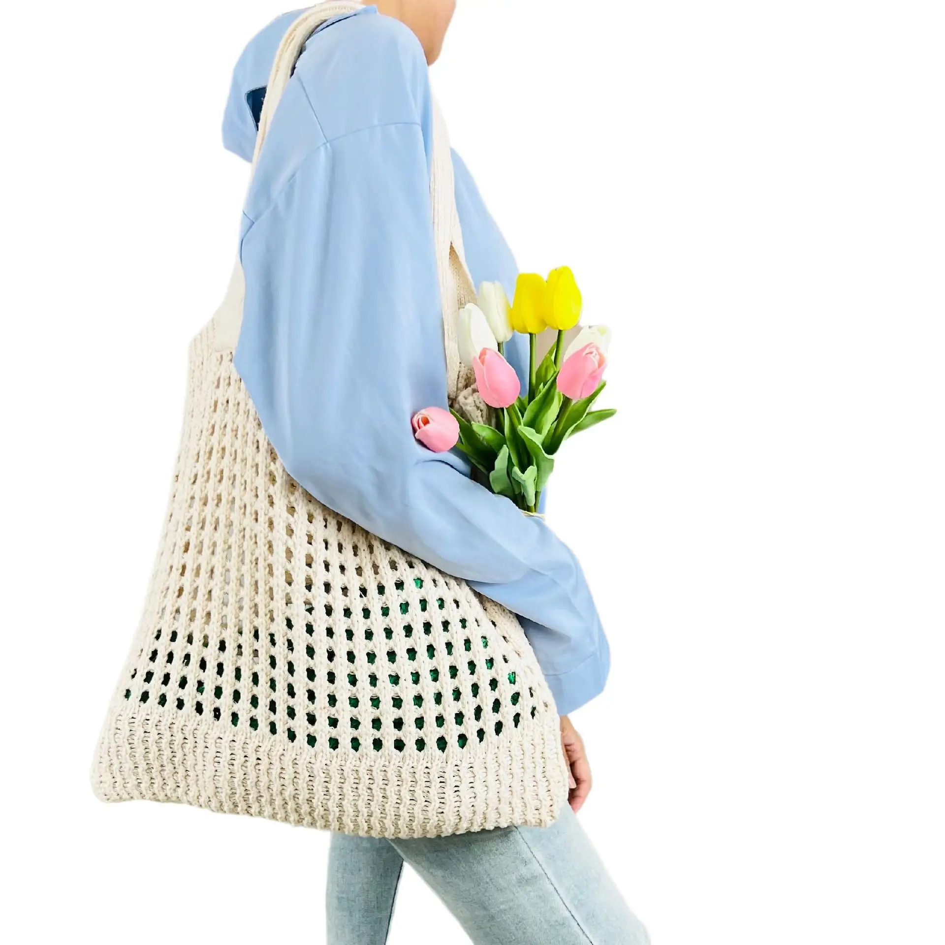 2023 New Cross-border Bag Japanese and Korean Tote Bag Solid Color Bag Knitted Bag Hollow Bag Shoulder Bag Woven Bag - Image 11