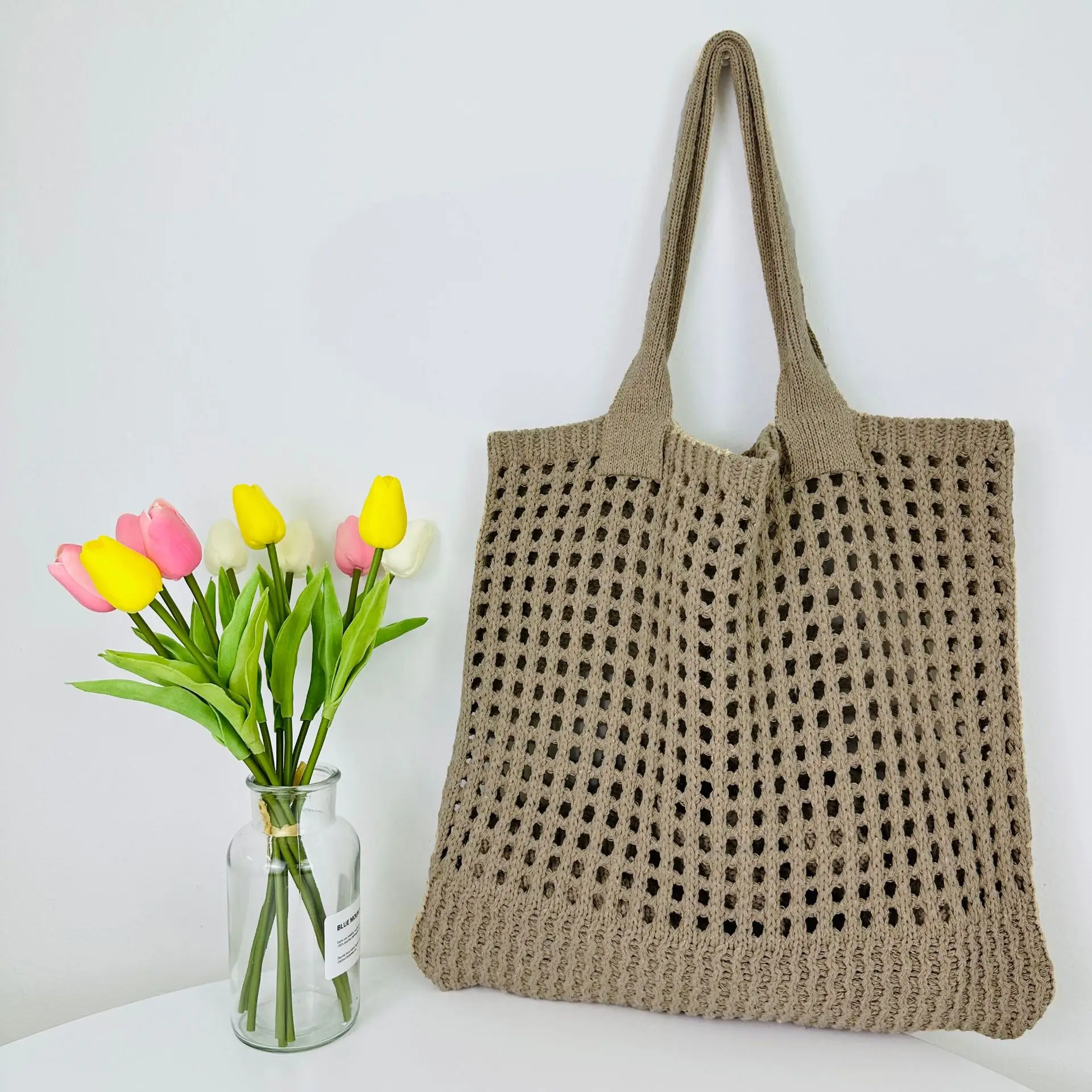2023 New Cross-border Bag Japanese and Korean Tote Bag Solid Color Bag Knitted Bag Hollow Bag Shoulder Bag Woven Bag - Image 2
