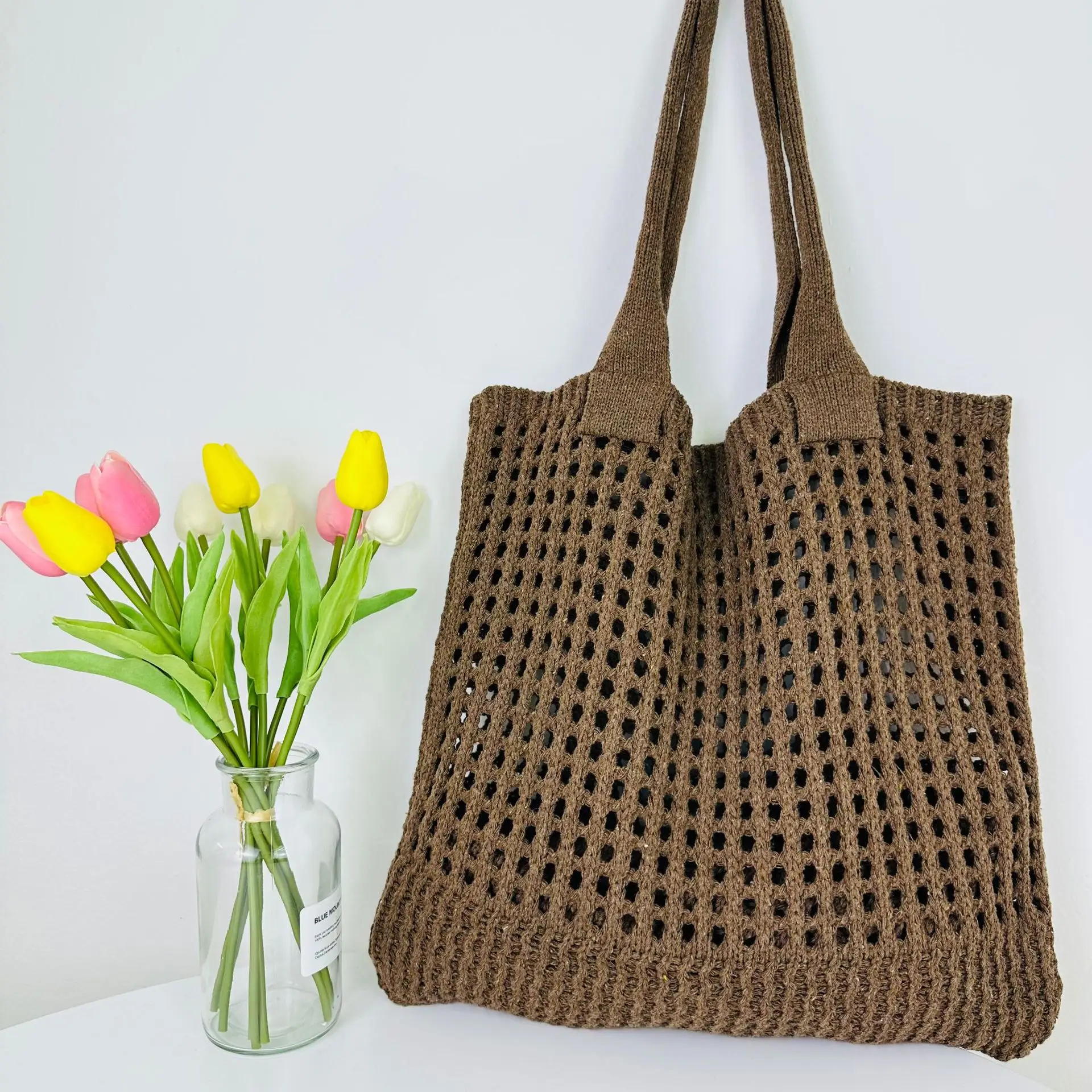 2023 New Cross-border Bag Japanese and Korean Tote Bag Solid Color Bag Knitted Bag Hollow Bag Shoulder Bag Woven Bag - Image 3