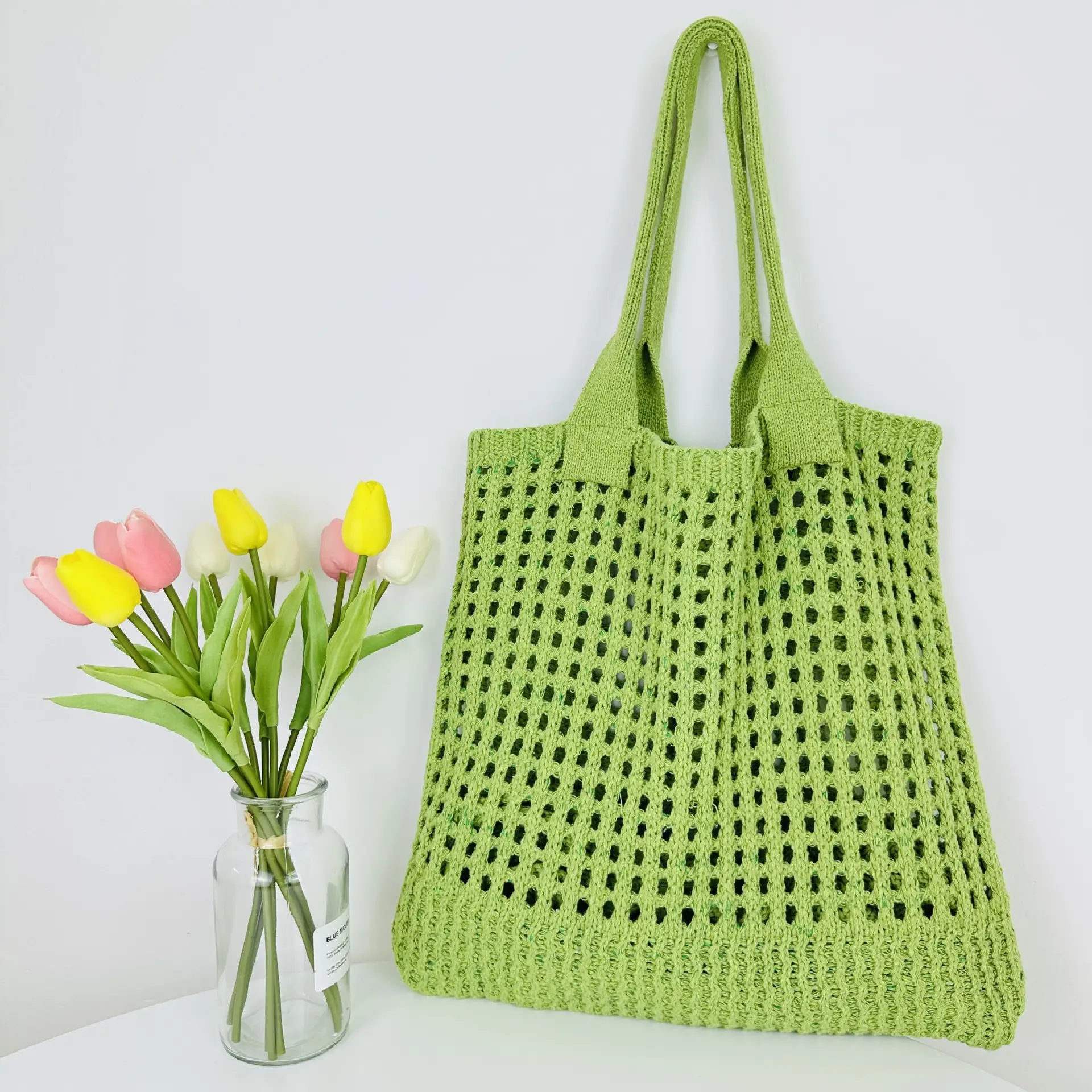 2023 New Cross-border Bag Japanese and Korean Tote Bag Solid Color Bag Knitted Bag Hollow Bag Shoulder Bag Woven Bag - Image 4