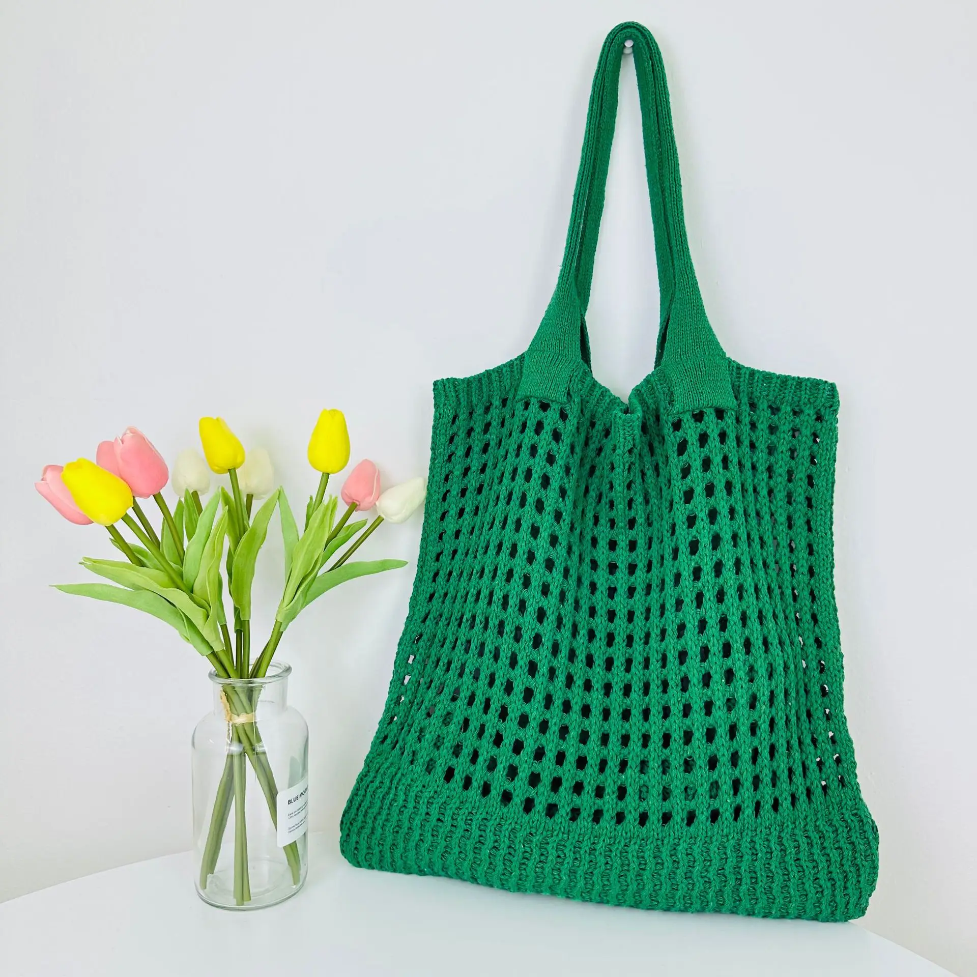 2023 New Cross-border Bag Japanese and Korean Tote Bag Solid Color Bag Knitted Bag Hollow Bag Shoulder Bag Woven Bag - Image 5