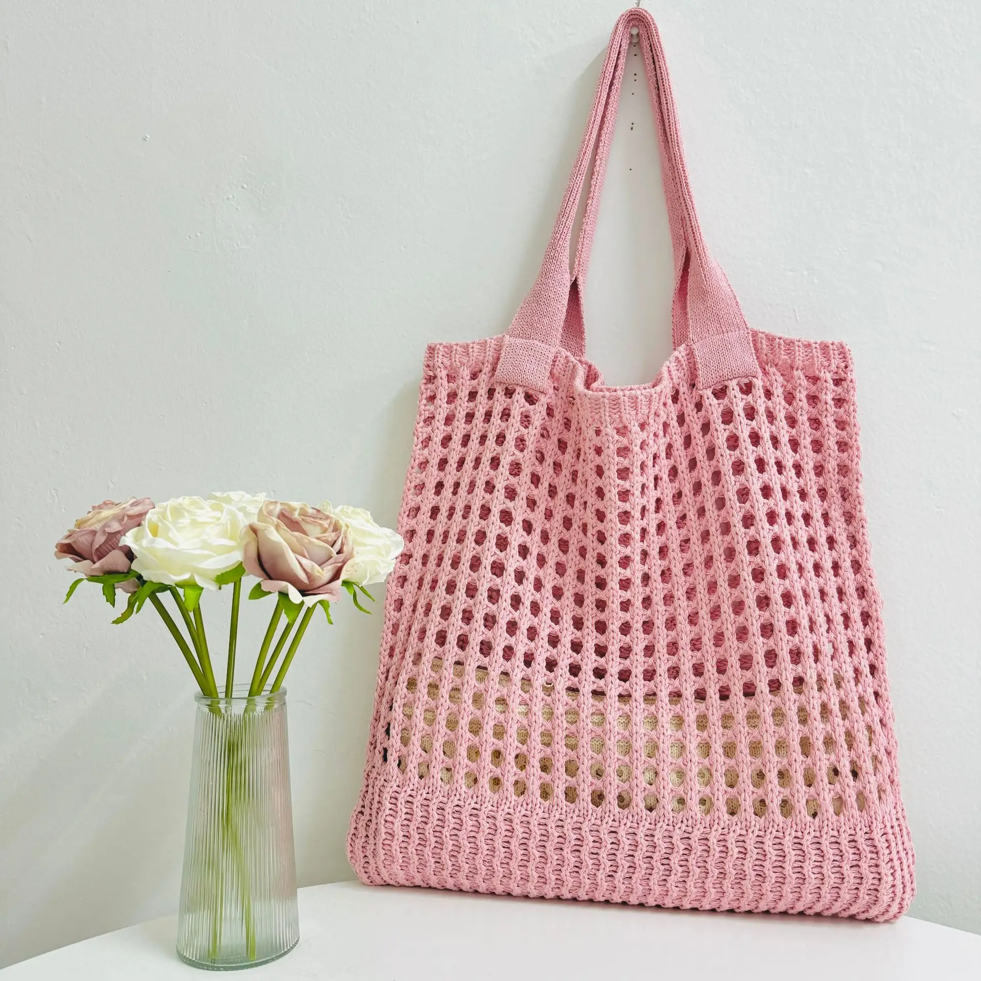 2023 New Cross-border Bag Japanese and Korean Tote Bag Solid Color Bag Knitted Bag Hollow Bag Shoulder Bag Woven Bag - Image 7