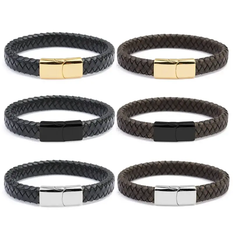 Men's Magnetic Buckle Leather Bracelet Black Gold