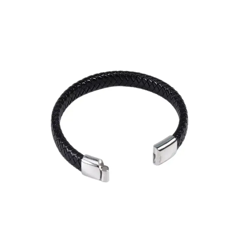 Men's Magnetic Buckle Leather Bracelet Black Gold