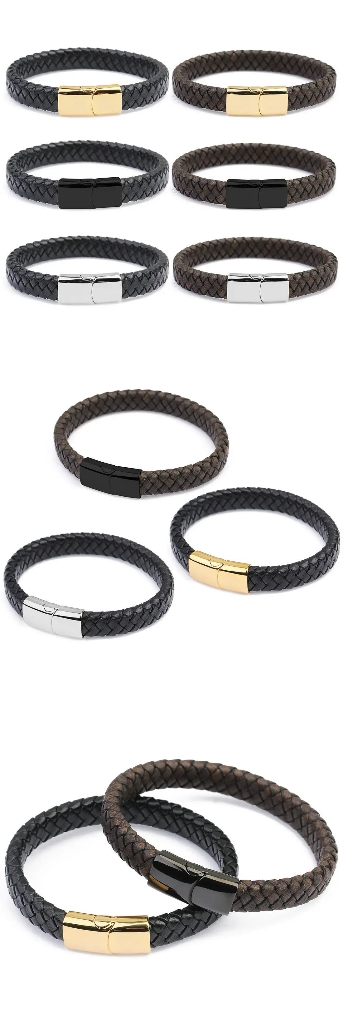 Men's Magnetic Buckle Leather Bracelet Black Gold — feature 4