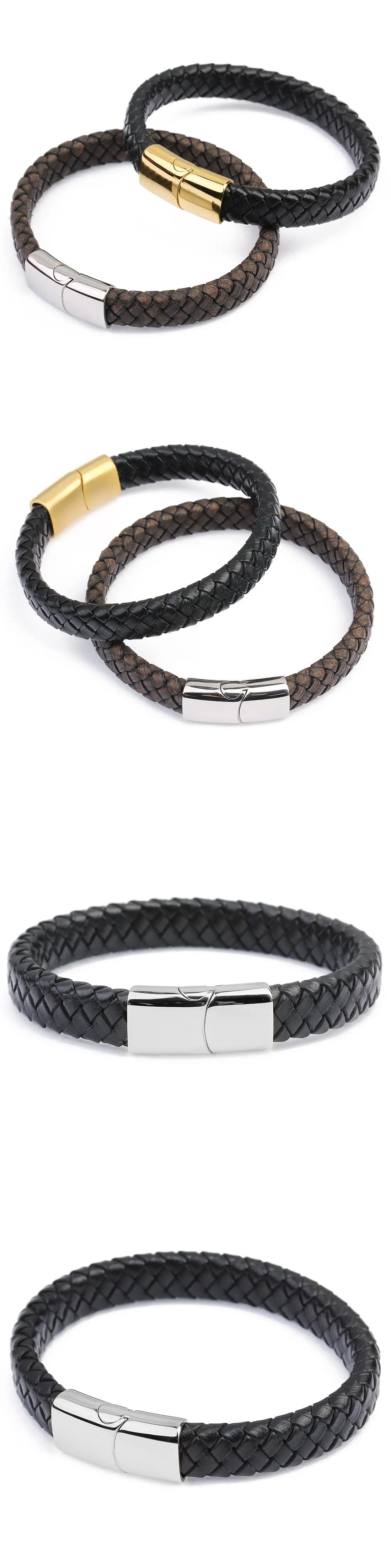 Men's Magnetic Buckle Leather Bracelet Black Gold — feature 5