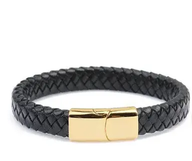 Men's Magnetic Buckle Leather Bracelet Black Gold