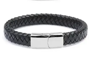 Men's Magnetic Buckle Leather Bracelet Black Gold