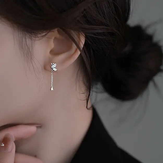 S999 Sterling Silver Butterfly Tassel Earrings - Image 3