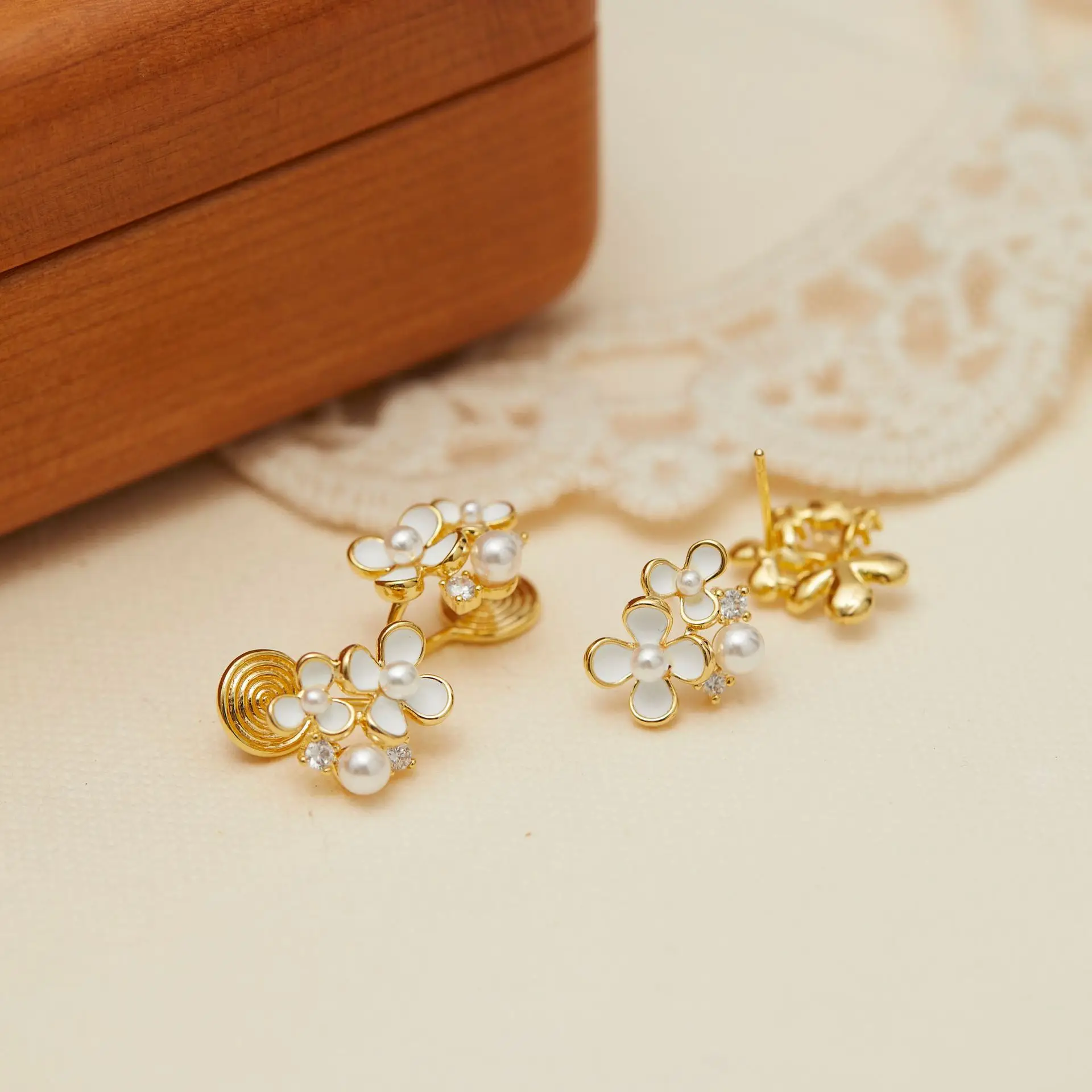 Mini French Pearl Flower Earrings Gold Plated - Image 7
