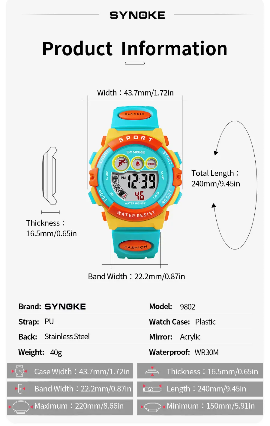 SYNOKE Waterproof Kids Watch Sport Colorful — feature 2