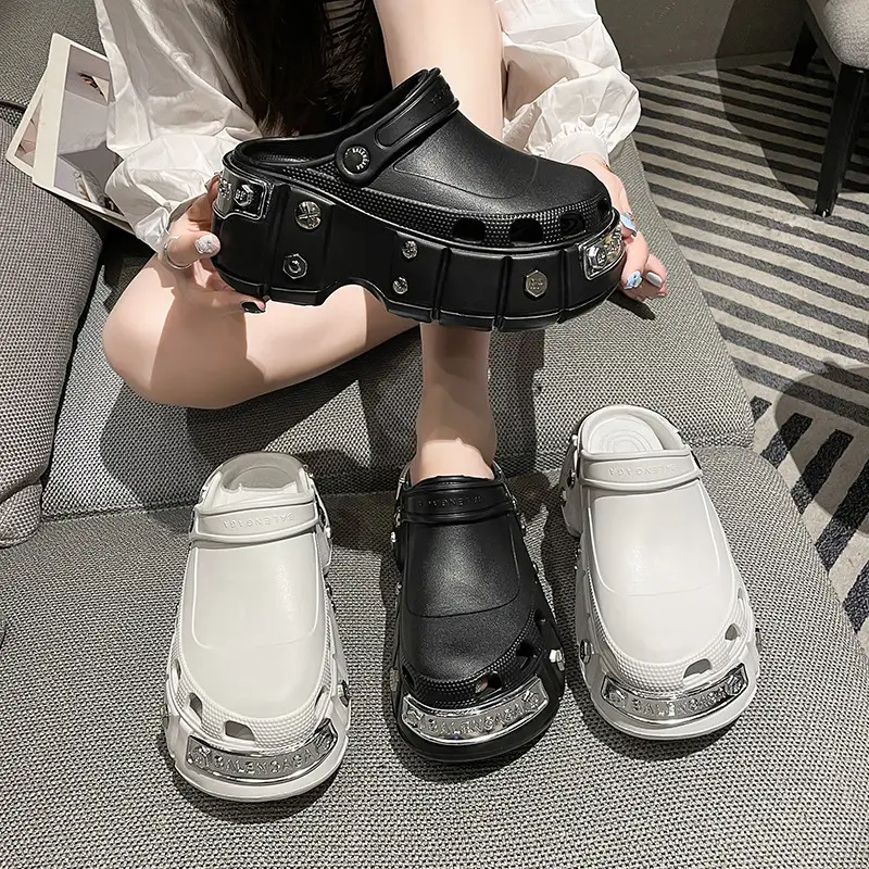 Cross-Border Platform Sandals with Metal Studs Black White