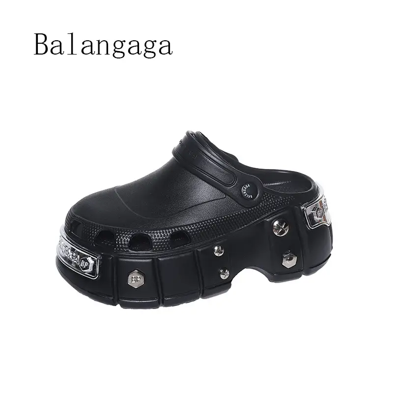 Cross-Border Platform Sandals with Metal Studs Black White