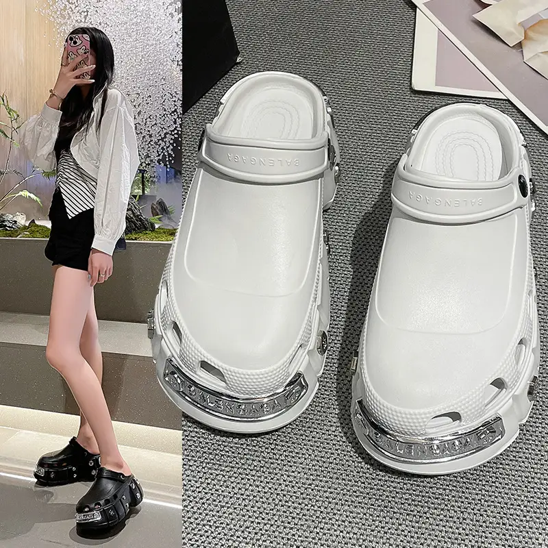 Cross-Border Platform Sandals with Metal Studs Black White