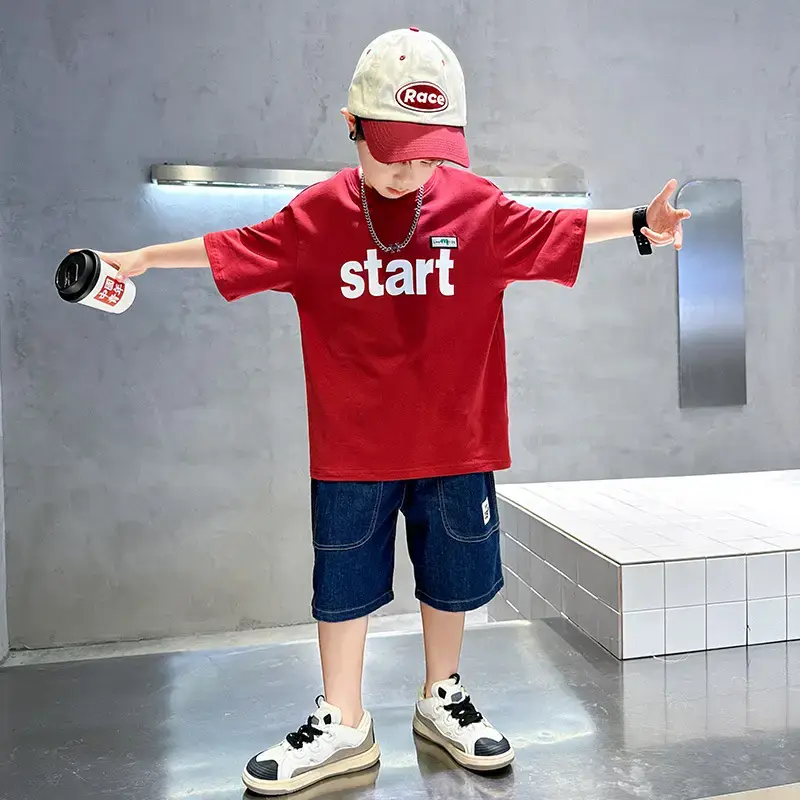 Trendy Boys Cotton T-Shirt White Green Start Print