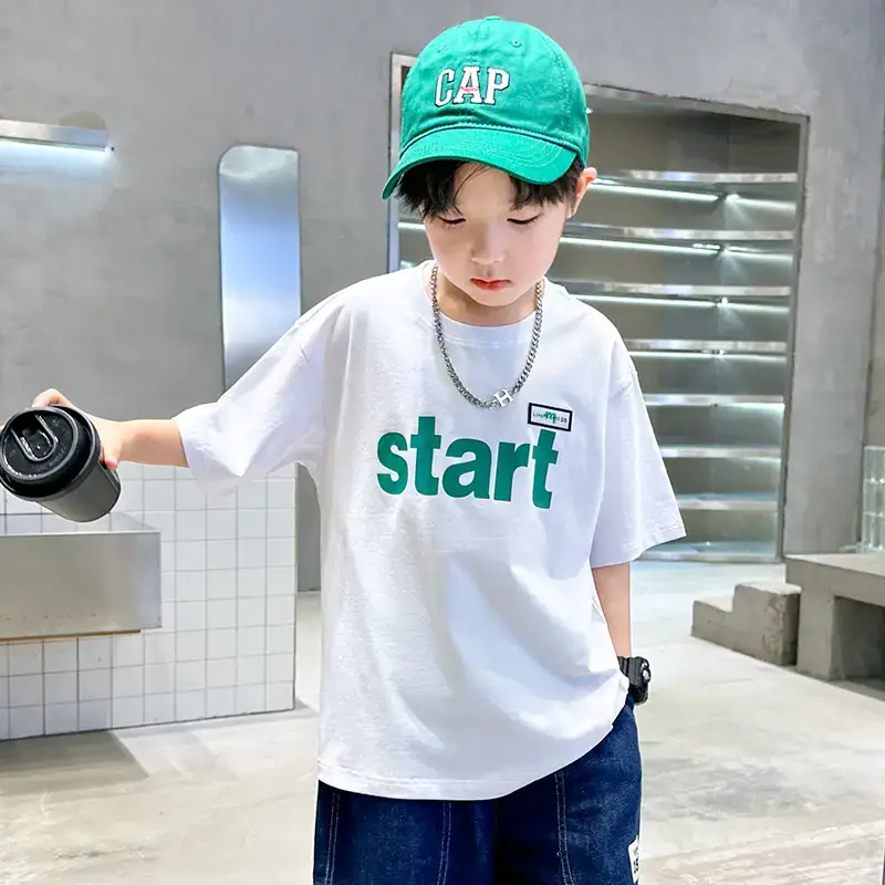 Trendy Boys Cotton T-Shirt White Green Start Print
