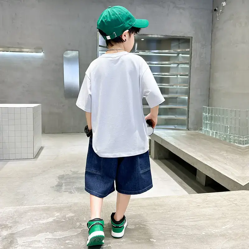 Trendy Boys Cotton T-Shirt White Green Start Print