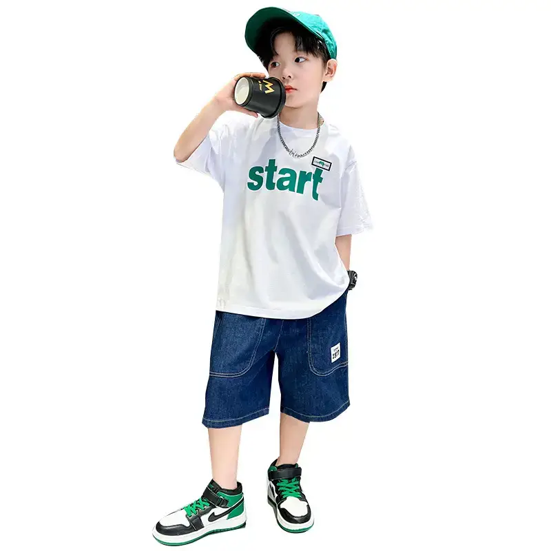 Trendy Boys Cotton T-Shirt White Green Start Print