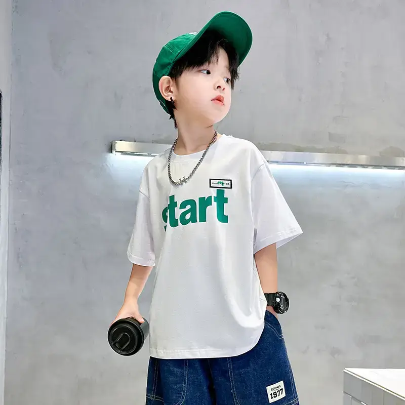 Trendy Boys Cotton T-Shirt White Green Start Print