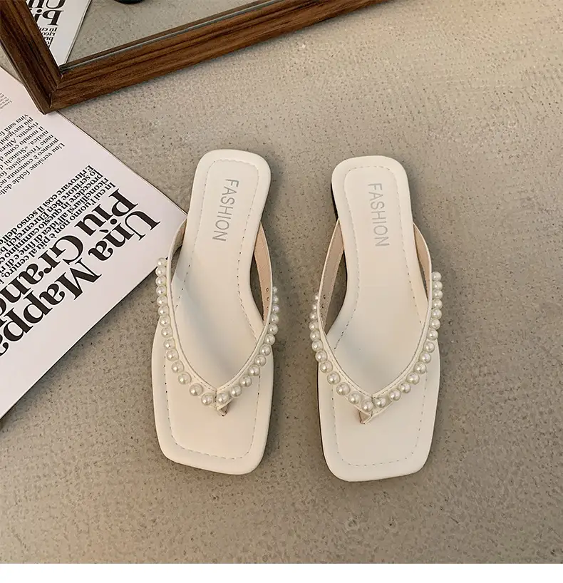 White Pearl Flat Sandals Women Summer 2023 - Image 2