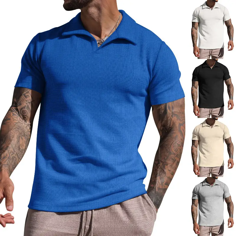 Men's Grey Heavy Waffle Polo T-Shirt - Image 2