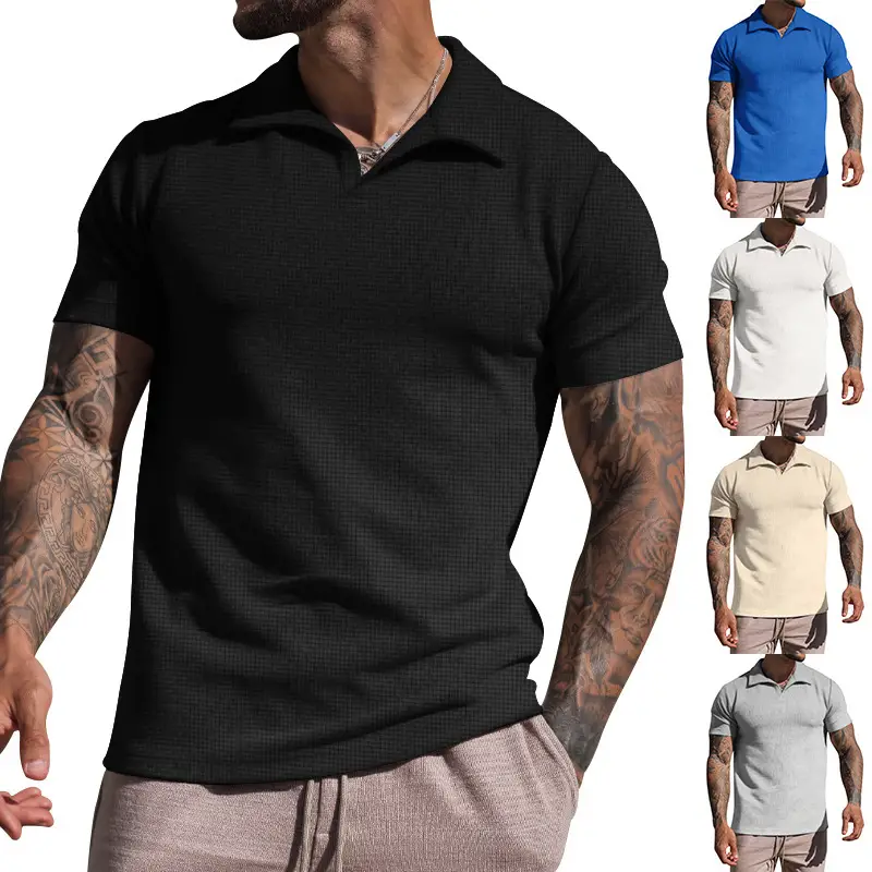 Men's Grey Heavy Waffle Polo T-Shirt - Image 3