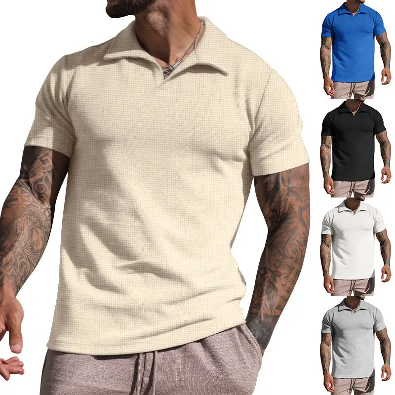 Men's Grey Heavy Waffle Polo T-Shirt - Image 4