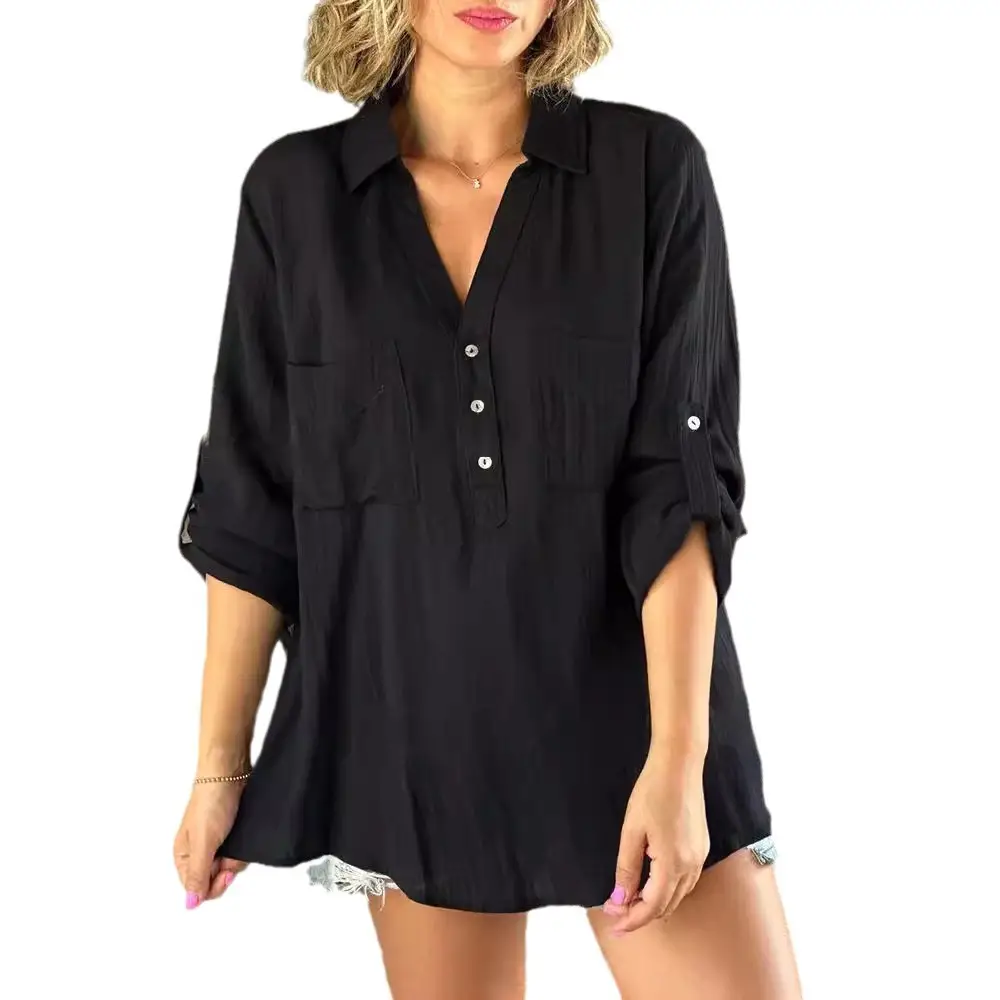 2023 Button Long Sleeve Women's Black Shirt - Image 9