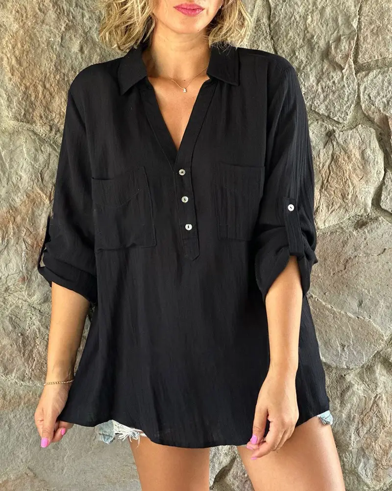 2023 Button Long Sleeve Women's Black Shirt - Image 4