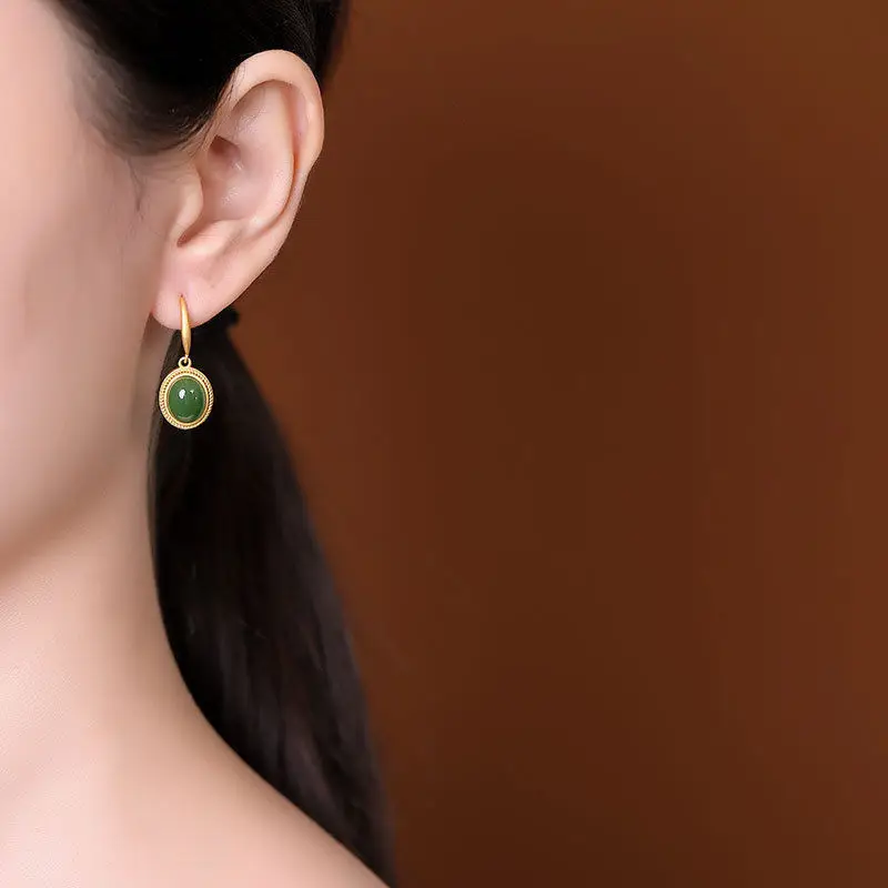 S925 Gold Plated Green Jade Earrings for Women - Image 3
