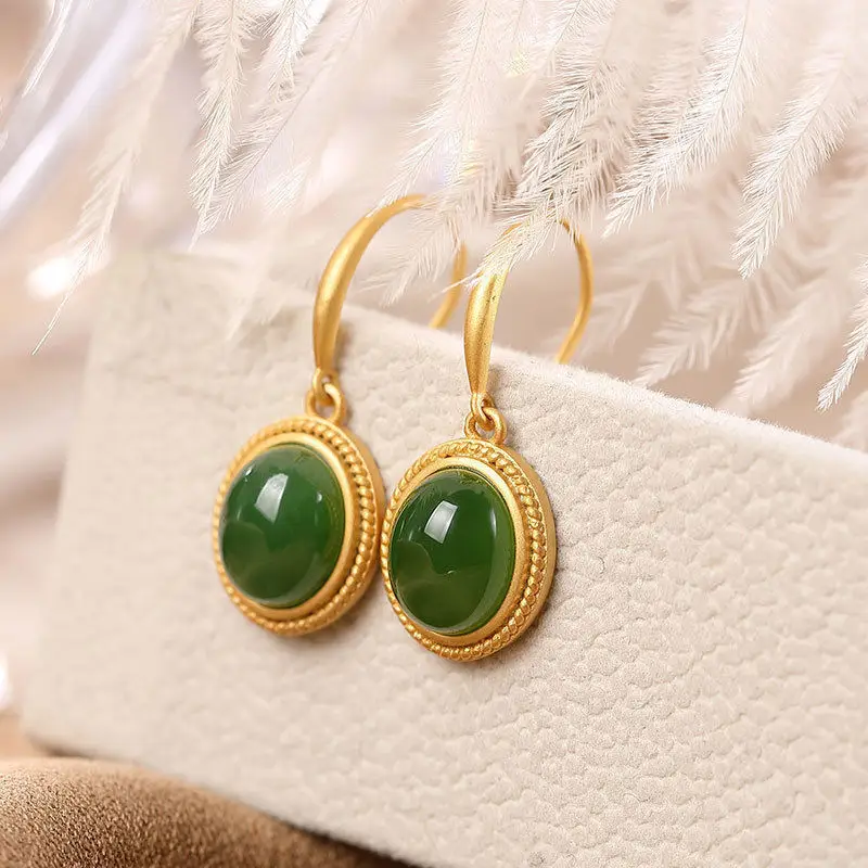 S925 Gold Plated Green Jade Earrings for Women - Image 4