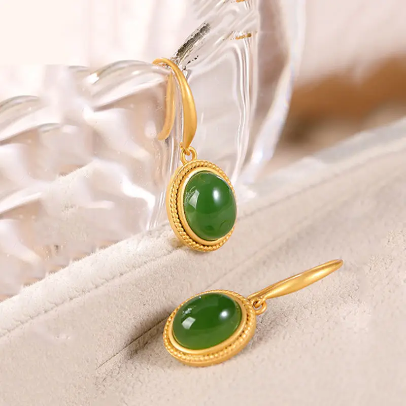 S925 Gold Plated Green Jade Earrings for Women - Image 5