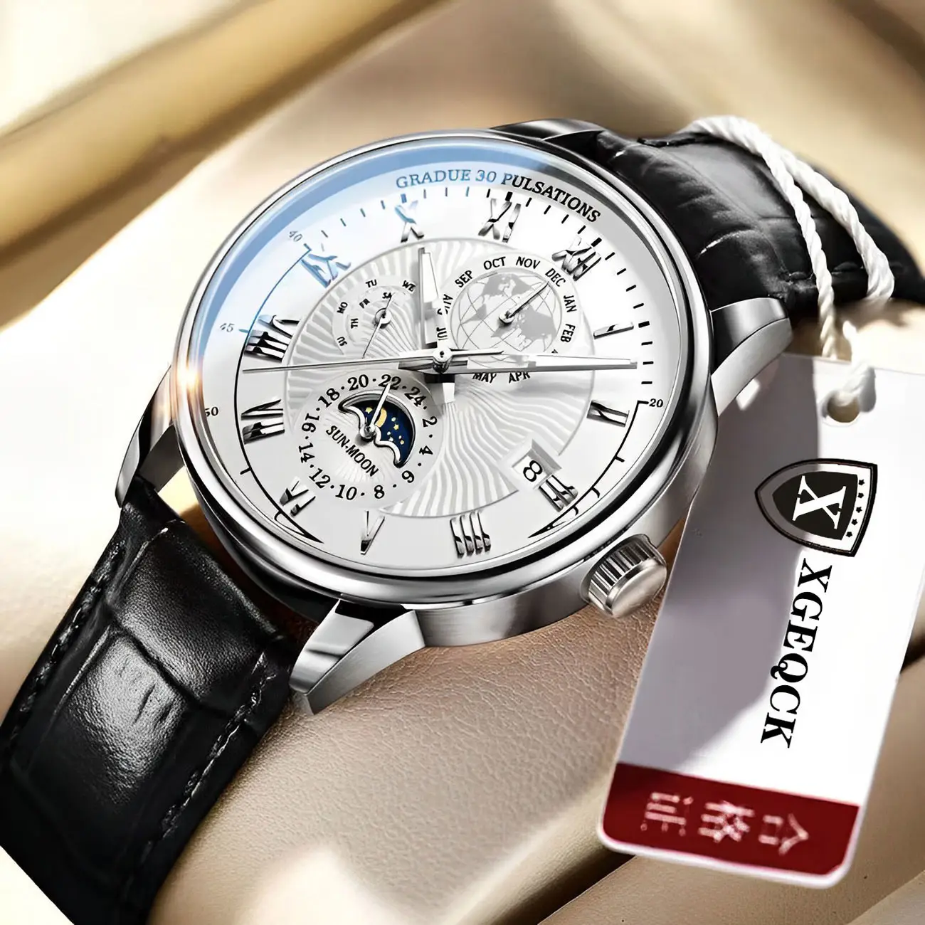 Men's Quartz Chronograph Watch Brown Leather Band - Image 2