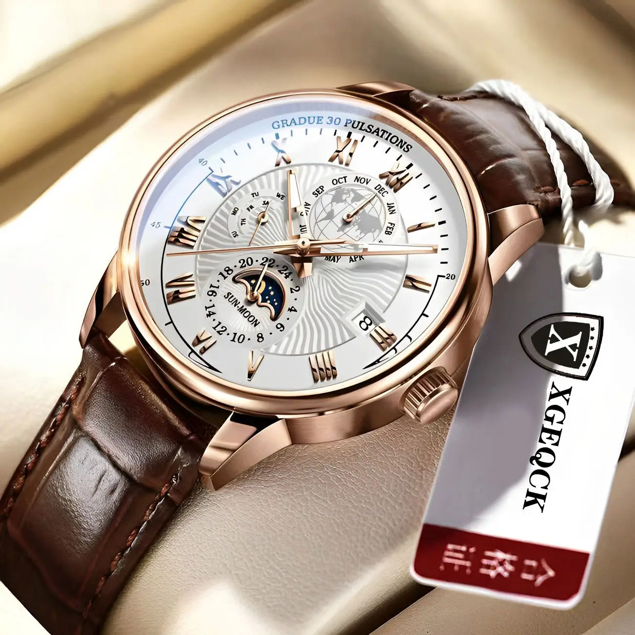 Men's Quartz Chronograph Watch Brown Leather Band - Image 4