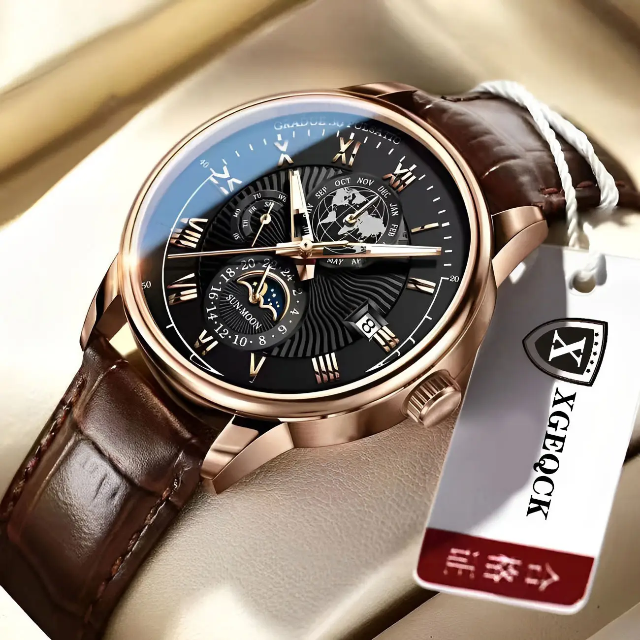 Men's Quartz Chronograph Watch Brown Leather Band - Image 5