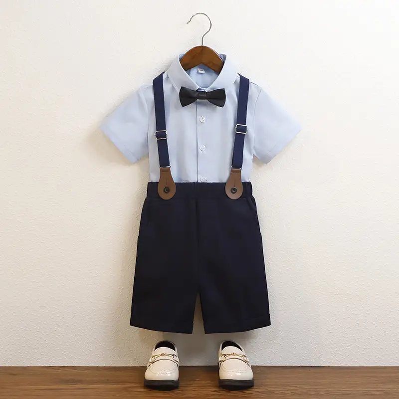 Korean Boys' Suit White Shirt Black Shorts Bow Tie Strap Shorts