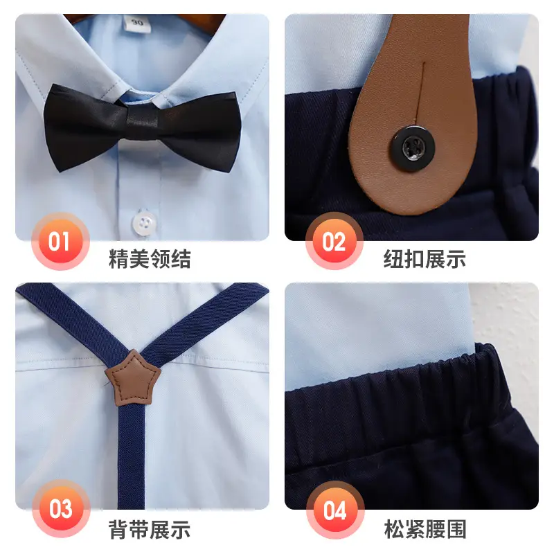 Korean Boys' Suit White Shirt Black Shorts Bow Tie Strap Shorts