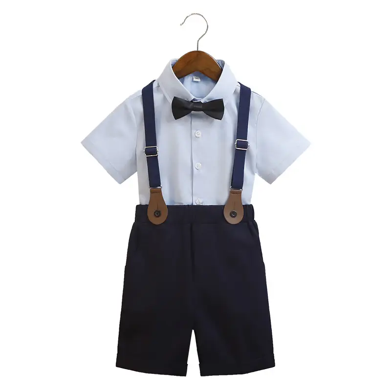 Korean Boys' Suit White Shirt Black Shorts Bow Tie Strap Shorts