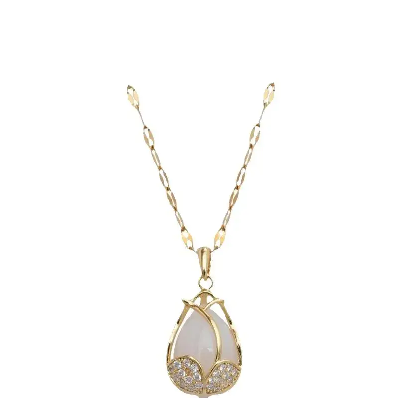 Tulip Pendant Necklace Gold White Crystal Women's Clavicle Chain - Image 10