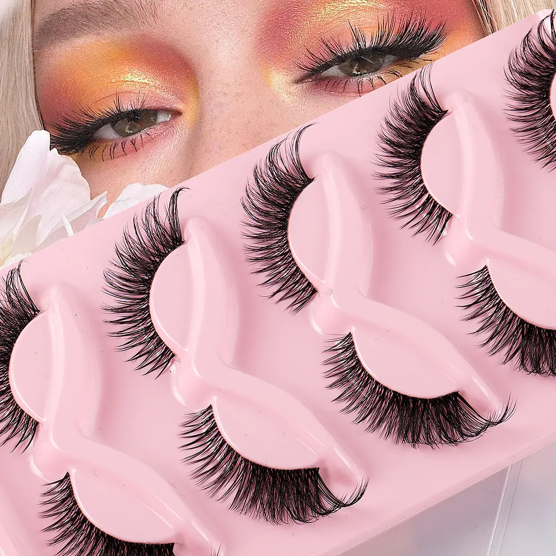 Cat-Eye False Eyelashes 5 Pairs Pink Transparent Stems - Image 13