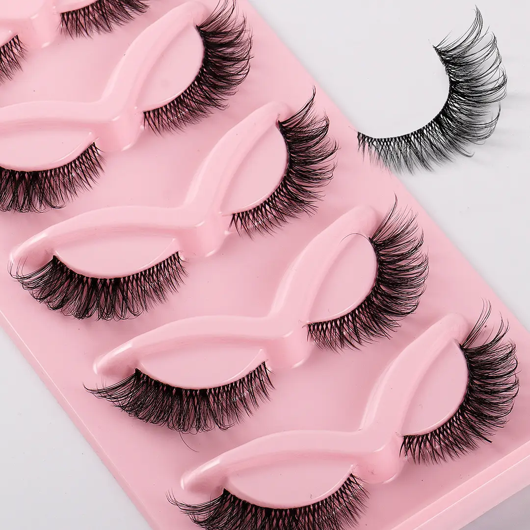 Cat-Eye False Eyelashes 5 Pairs Pink Transparent Stems - Image 14
