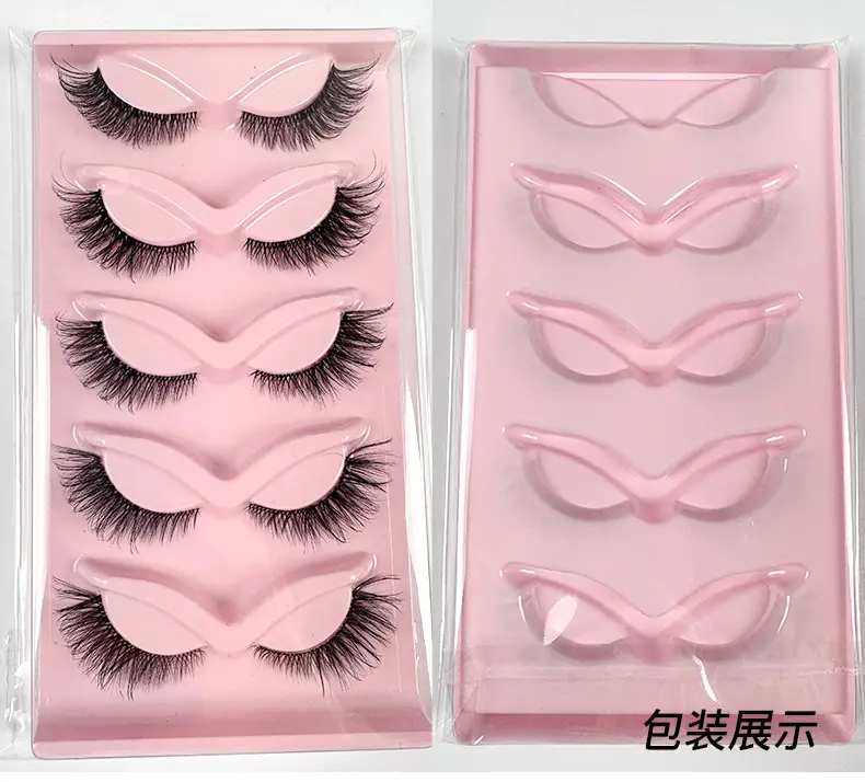 Cat-Eye False Eyelashes 5 Pairs Pink Transparent Stems — feature 2
