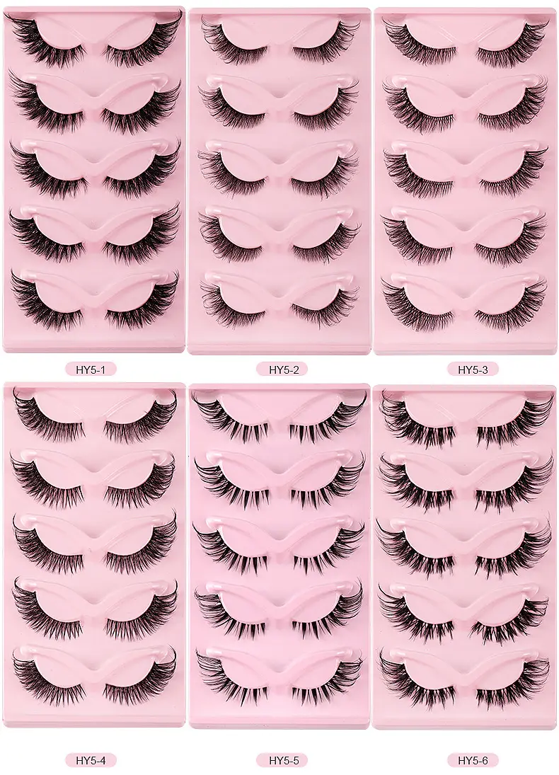 Cat-Eye False Eyelashes 5 Pairs Pink Transparent Stems — feature 3