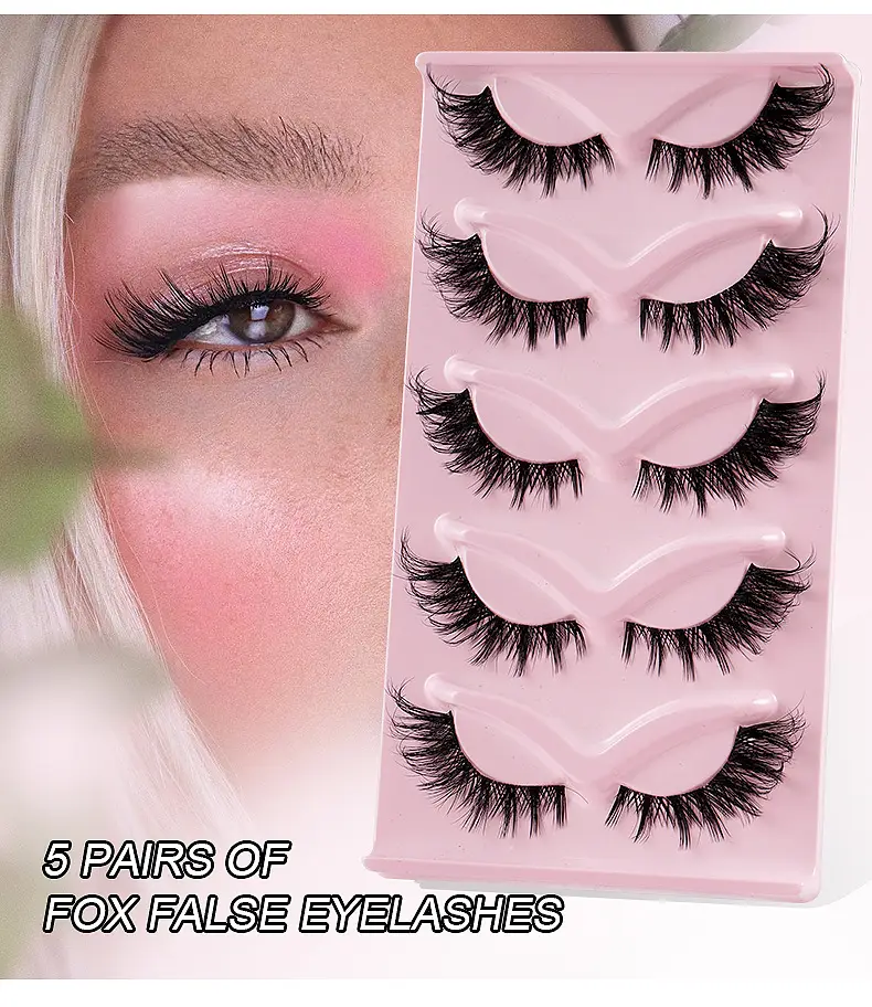 Cat-Eye False Eyelashes 5 Pairs Pink Transparent Stems — feature 5