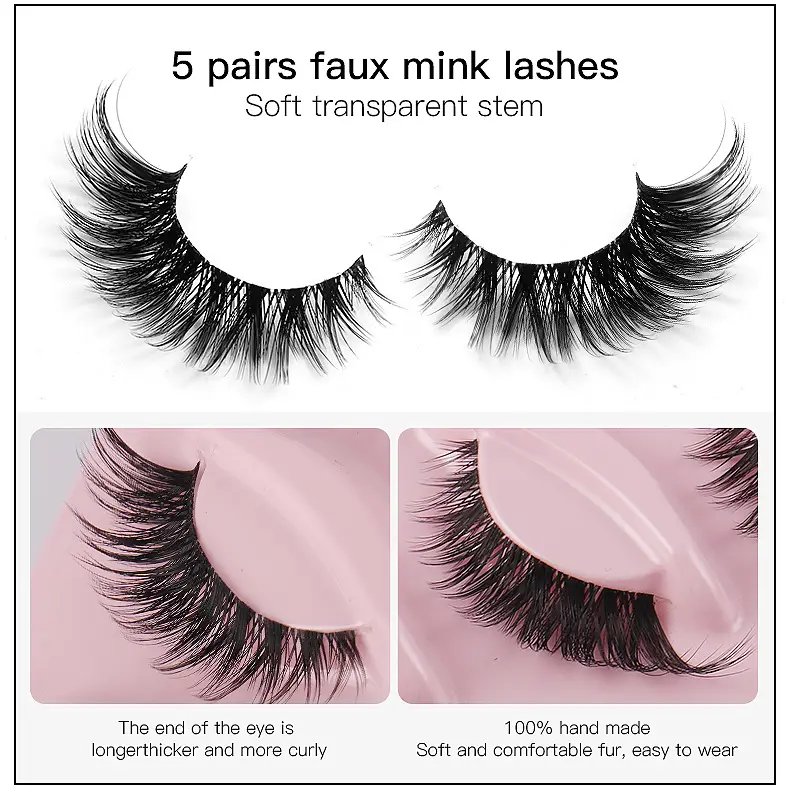 Cat-Eye False Eyelashes 5 Pairs Pink Transparent Stems — feature 6