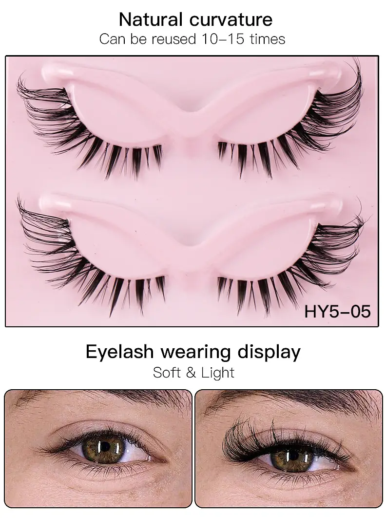 Cat-Eye False Eyelashes 5 Pairs Pink Transparent Stems — feature 7