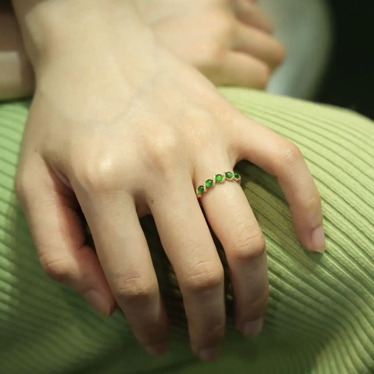 Green Jade Row Ring with S925 Silver Plated