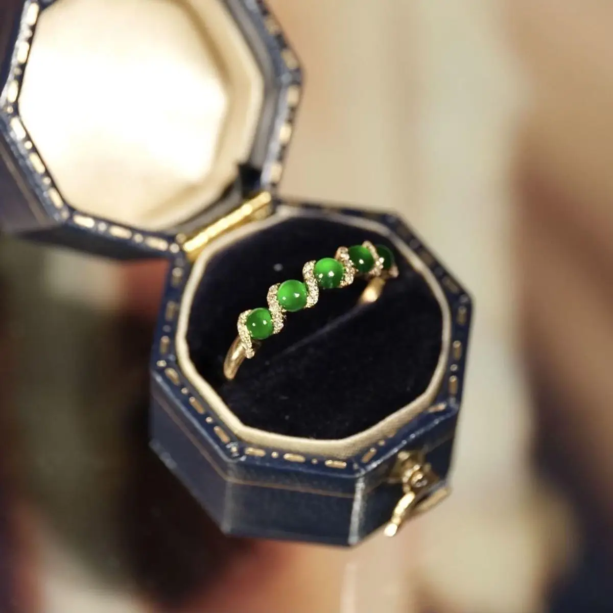 Green Jade Row Ring with S925 Silver Plated — feature 2